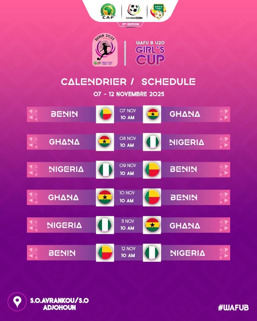 WAFU B U20 Girls’ Cup 2025: Full Schedule Released as Nigeria, Ghana, and Benin Set for Double Clashes